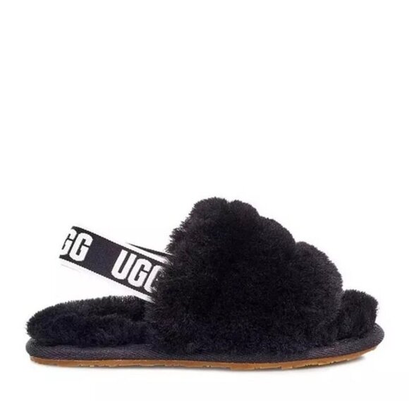UGG Women's Fluff Yeah Slide Black Open Toe Back Strap Slippers Size 6 - Picture 1 of 7